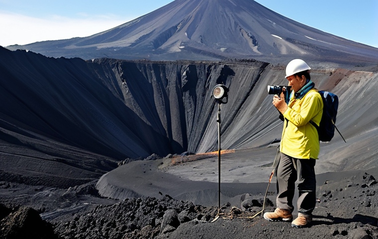 A professional geologist, fully clothed in modest, durable field attire, including a long-sleeved shirt, work pants, and sturdy hiking boots. They are standing on a rugged volcanic landscape, actively operating a scientific ground-monitoring device, possibly a GPS sensor or a portable gas analyzer. In the background, a majestic, dormant volcano rises, with subtle steam vents indicating geological activity. The scene emphasizes scientific research and careful observation of the natural world, presented with professional photography, natural lighting, and a clear focus. Perfect anatomy, correct proportions, natural pose, well-formed hands, proper finger count, natural body proportions, safe for work, appropriate content, fully clothed, professional.