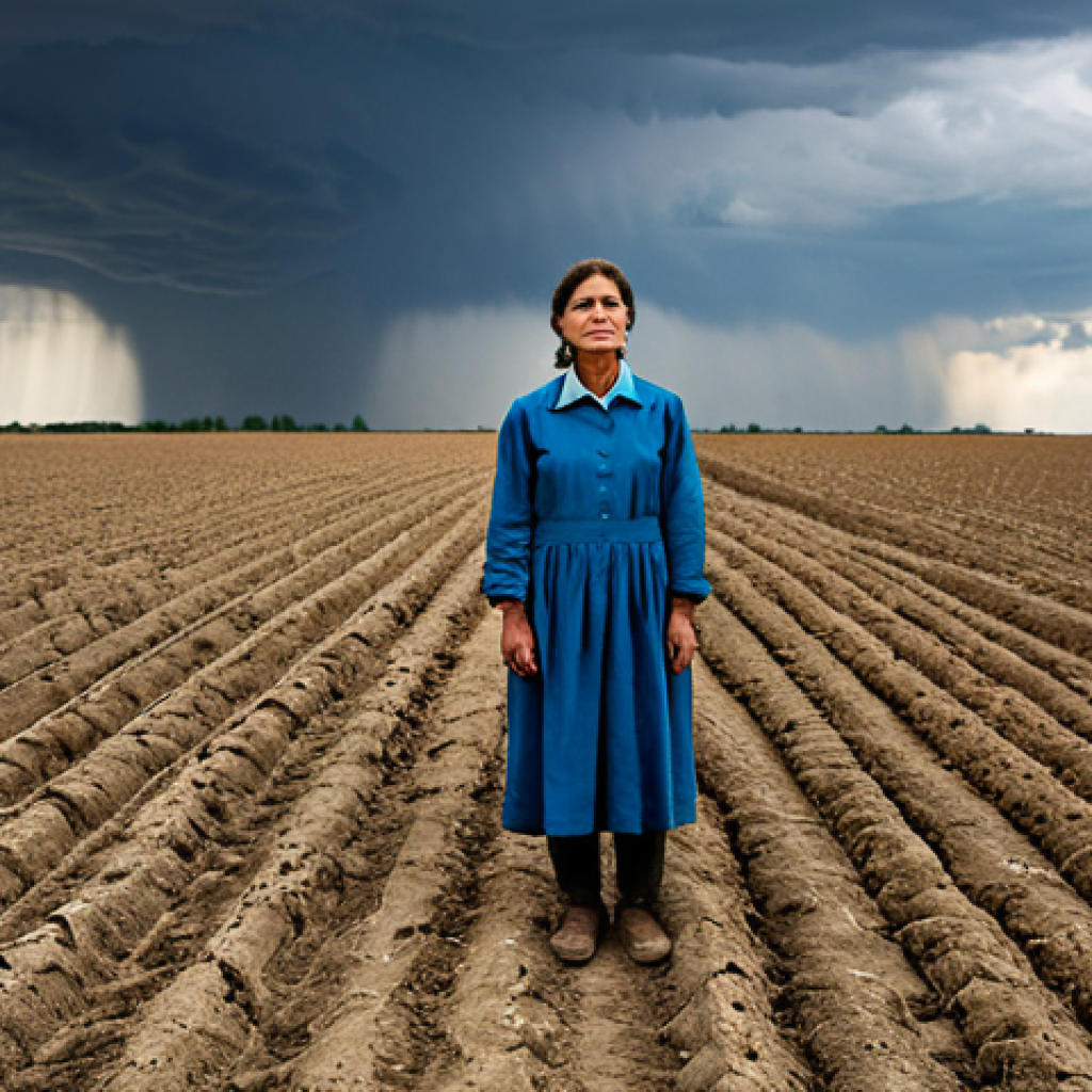 A professional female environmental researcher, fully clothed in modest field attire, stands thoughtfully at the edge of a vast, partially parched agricultural field. The sky above is dramatic, with hints of both lingering drought and distant, heavy clouds, symbolizing unpredictable weather patterns. The scene evokes a sense of observation and concern regarding climate change's impact on agricultural seasons and water resources. The image is safe for work, appropriate content, fully clothed, professional, perfect anatomy, correct proportions, natural pose, well-formed hands, proper finger count, natural body proportions, high-quality professional photography.