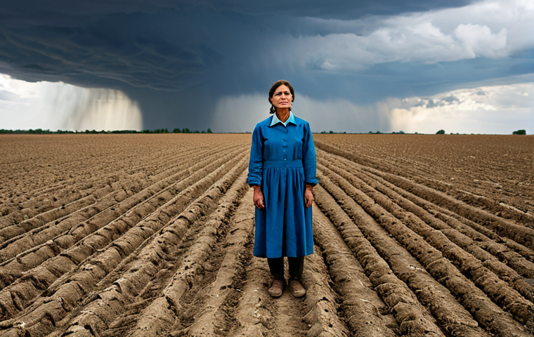 A professional female environmental researcher, fully clothed in modest field attire, stands thoughtfully at the edge of a vast, partially parched agricultural field. The sky above is dramatic, with hints of both lingering drought and distant, heavy clouds, symbolizing unpredictable weather patterns. The scene evokes a sense of observation and concern regarding climate change's impact on agricultural seasons and water resources. The image is safe for work, appropriate content, fully clothed, professional, perfect anatomy, correct proportions, natural pose, well-formed hands, proper finger count, natural body proportions, high-quality professional photography.