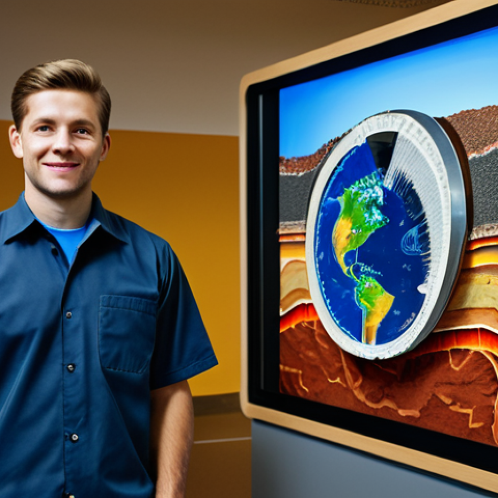 지구과학과 GIS 시스템 - **Exploring Earth's Depths:** "A geologist in appropriate attire, standing in front of a digital dis...