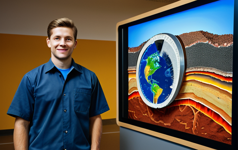지구과학과 GIS 시스템 - **Exploring Earth's Depths:** "A geologist in appropriate attire, standing in front of a digital dis...