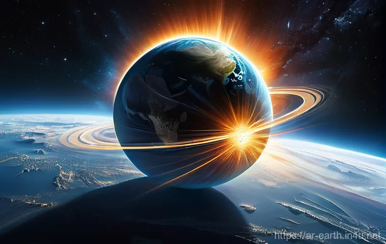 지구과학과 우주 기상 - **Solar Dance and Earth's Light Shield**
    A breathtaking scene from space, featuring the Sun on o...