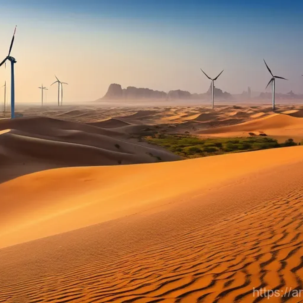 지구과학과 재생 가능 에너지 - **Prompt 1: "A breathtaking panoramic view of a vast, golden desert landscape during sunrise in an A...