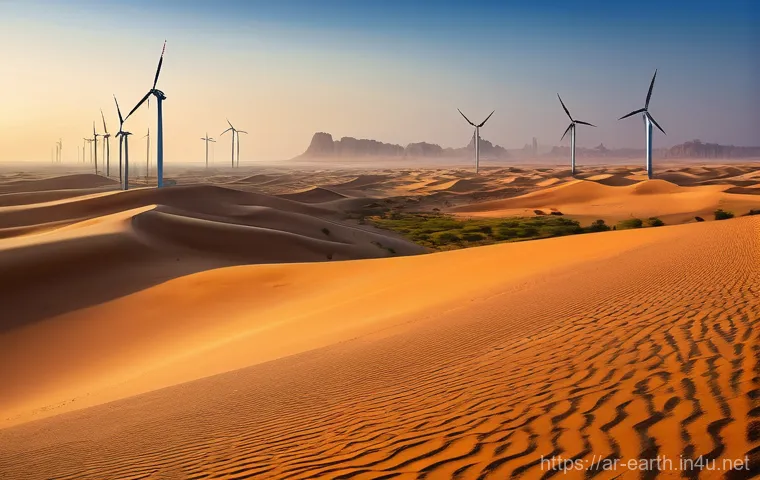 지구과학과 재생 가능 에너지 - **Prompt 1: "A breathtaking panoramic view of a vast, golden desert landscape during sunrise in an A...