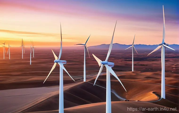 지구과학과 풍력 에너지 - **Prompt:** A breathtaking, wide-angle shot of a sprawling wind farm at sunrise in a golden desert l...