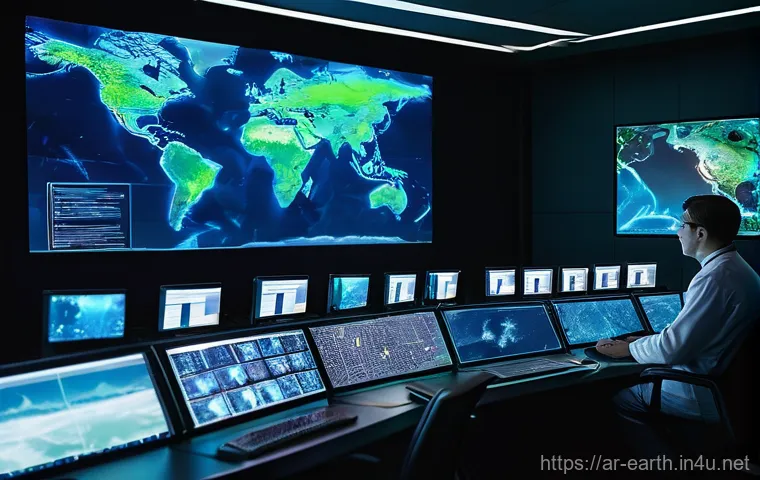 지구과학과 AI 활용 - **Prompt:** A visually stunning, high-tech control room with a massive, spherical holographic projec...