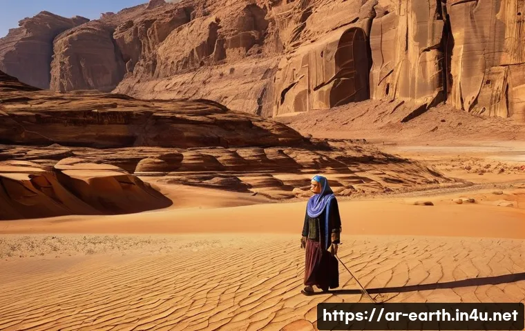 지구과학과 퇴적 구조 연구 - **Prompt:** A majestic, sun-drenched canyon in the heart of the Arabian desert, resembling Wadi Rum,...