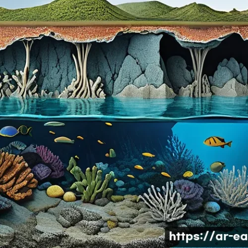 지구과학과 대륙붕 연구 - A detailed cross-sectional illustration of the continental marine crust showing multiple rock layers...