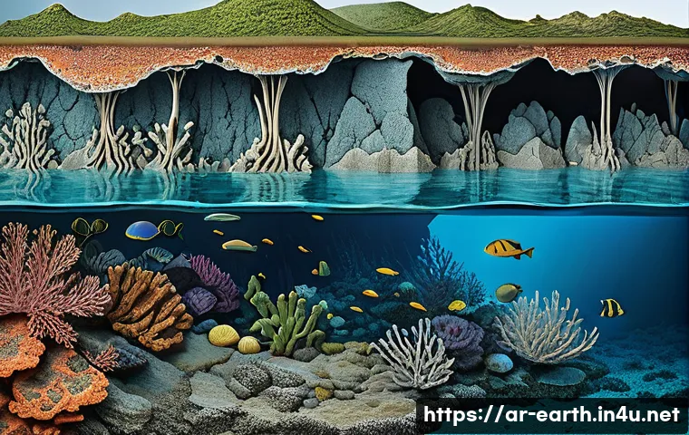지구과학과 대륙붕 연구 - A detailed cross-sectional illustration of the continental marine crust showing multiple rock layers...