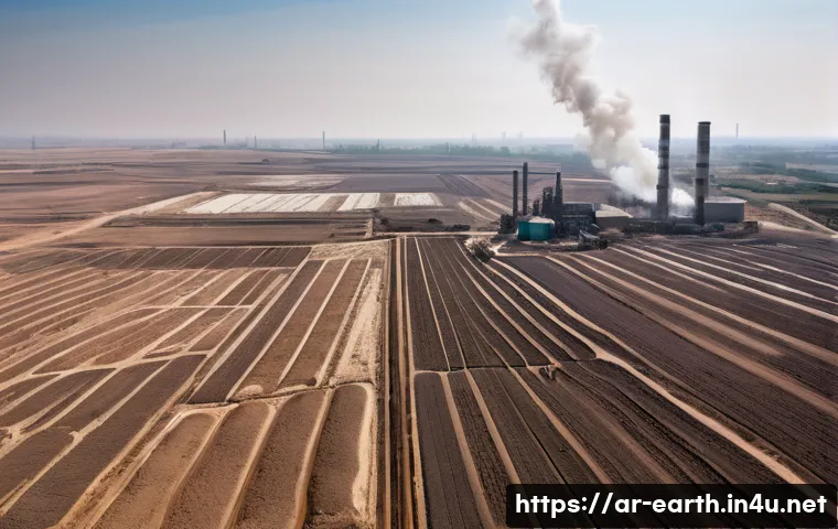 지구과학과 토양 오염 - A detailed aerial view of a rural agricultural landscape in the Middle East showing visibly contamin...