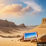 지구과학과 환경 과학 - A panoramic desert archaeological site at golden hour, featuring layered sedimentary rock formations...