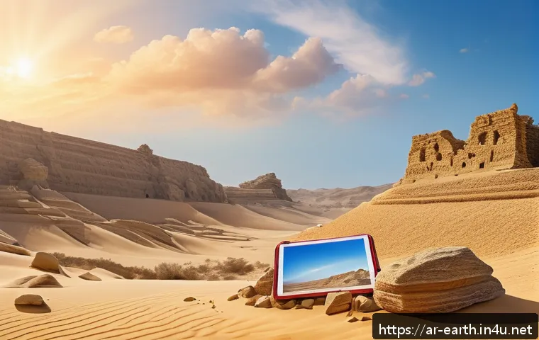지구과학과 환경 과학 - A panoramic desert archaeological site at golden hour, featuring layered sedimentary rock formations...