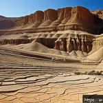 지구과학과 지층 분석 - A detailed cross-section of layered sedimentary rocks in a Middle Eastern desert landscape, showing ...