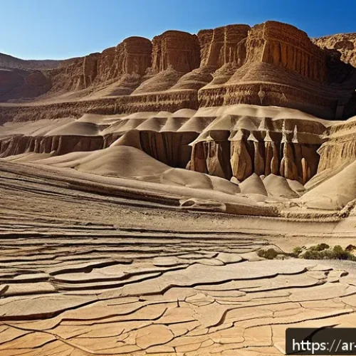 지구과학과 지층 분석 - A detailed cross-section of layered sedimentary rocks in a Middle Eastern desert landscape, showing ...
