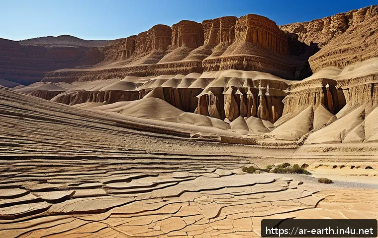 지구과학과 지층 분석 - A detailed cross-section of layered sedimentary rocks in a Middle Eastern desert landscape, showing ...
