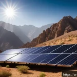 지구과학과 태양광 에너지 - A panoramic view of a mountainous region in the Middle East with solar panels installed on sloped ro...