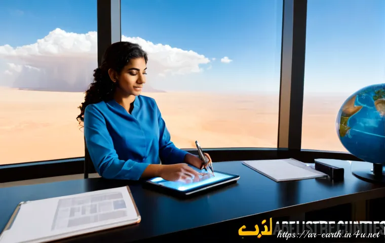 지구과학과 기후 예측 - Photorealistic climate science workspace in a modern Middle Eastern research center, Arab female sci...