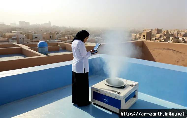 지구과학과 대기 중 미세먼지 - Photorealistic environmental science scene in a modern Arab city, wide view from a rooftop showing a...