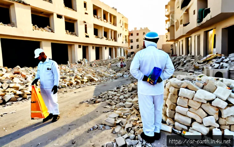 지구과학과 지진 피해 복구 - Photorealistic earthquake recovery scene in a modern Arab neighborhood, Arab civil defense workers i...